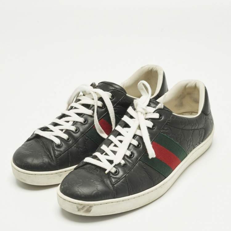 Pre Owned Gucci Black Leather Ace Web Lace Up Sneakers Size 42.5