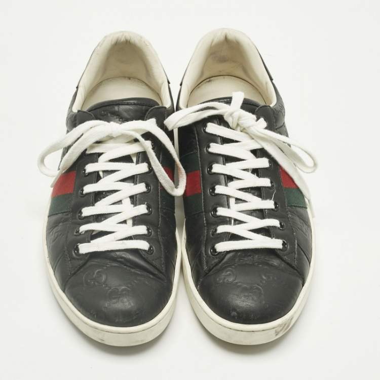 Pre Owned Gucci Black Leather Ace Web Lace Up Sneakers Size 42.5