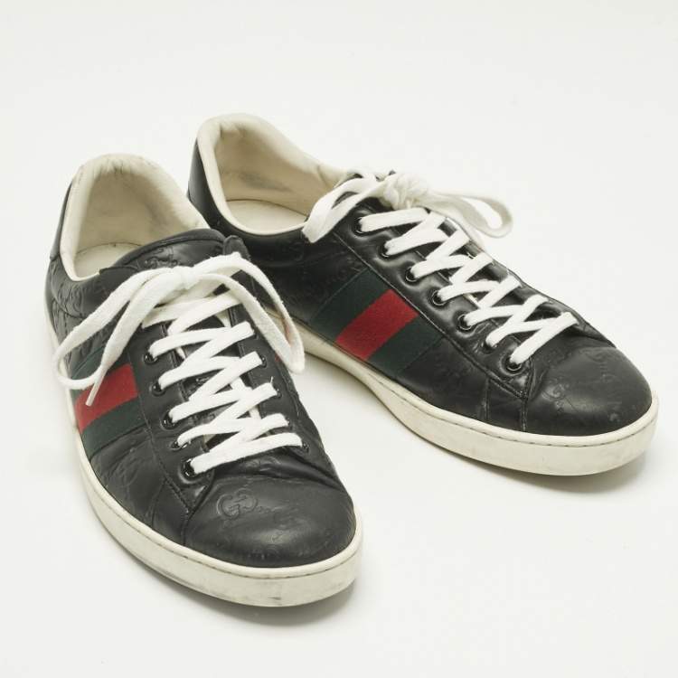 Pre Owned Gucci Black Leather Ace Web Lace Up Sneakers Size 42.5
