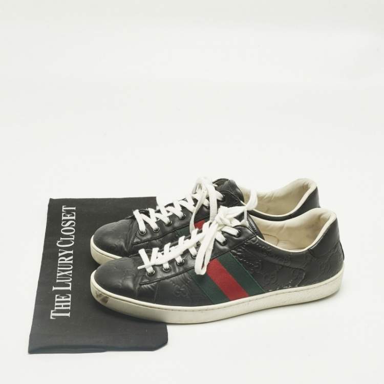 Pre Owned Gucci Black Leather Ace Web Lace Up Sneakers Size 42.5