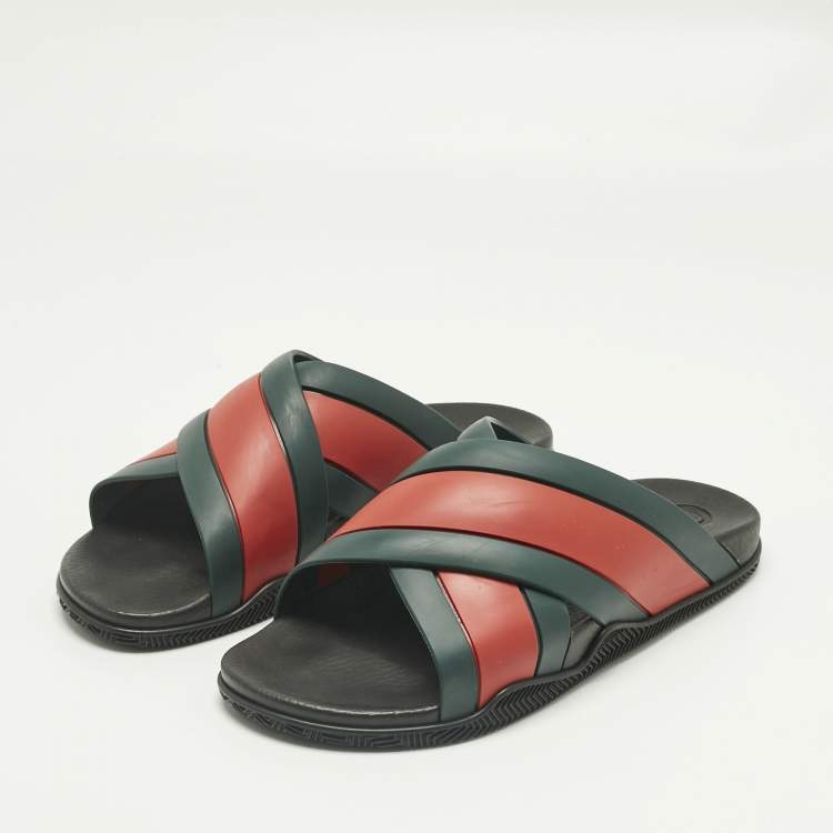 Pre Owned Gucci Red/Green Web Rubber Slide Sandals Size 44