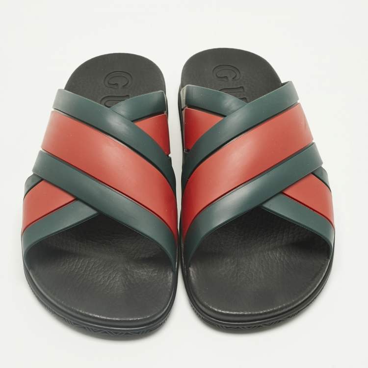 Pre Owned Gucci Red/Green Web Rubber Slide Sandals Size 44
