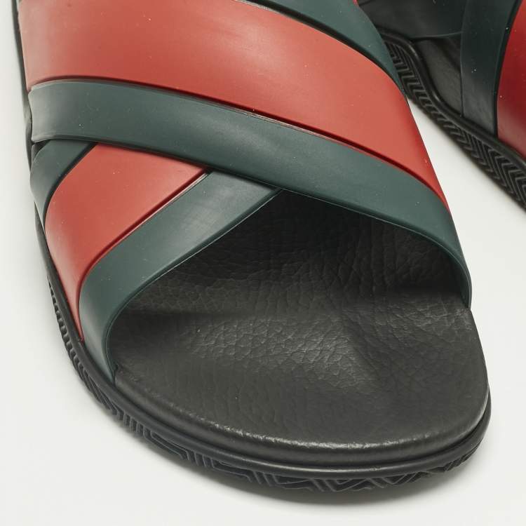 Pre Owned Gucci Red/Green Web Rubber Slide Sandals Size 44