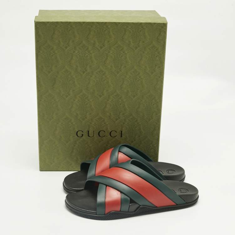 Pre Owned Gucci Red/Green Web Rubber Slide Sandals Size 44