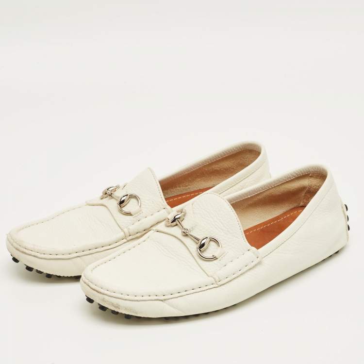 Pre Owned Gucci White Leather Horsebit Slip On Loafers Size 42