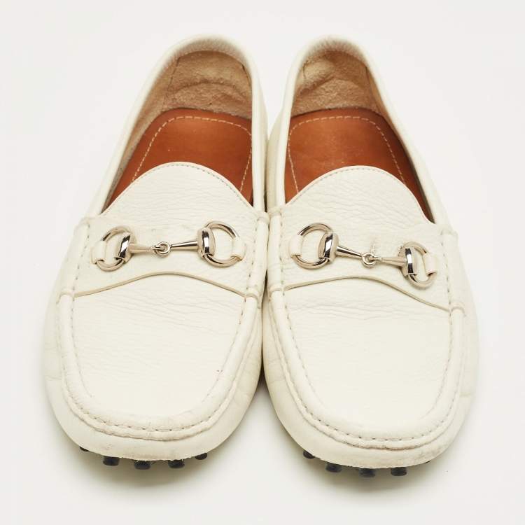 Pre Owned Gucci White Leather Horsebit Slip On Loafers Size 42