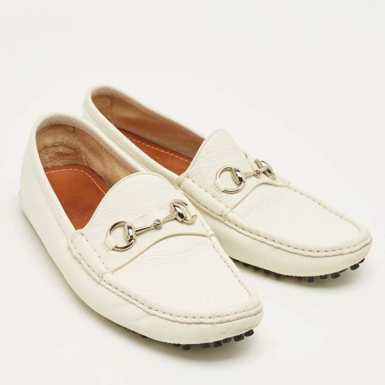 Pre Owned Gucci White Leather Horsebit Slip On Loafers Size 42