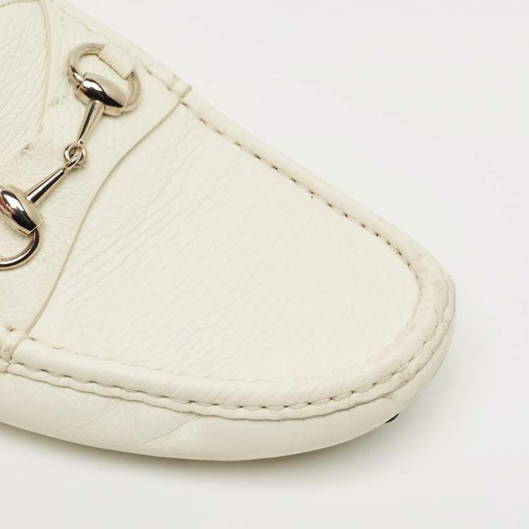 Pre Owned Gucci White Leather Horsebit Slip On Loafers Size 42
