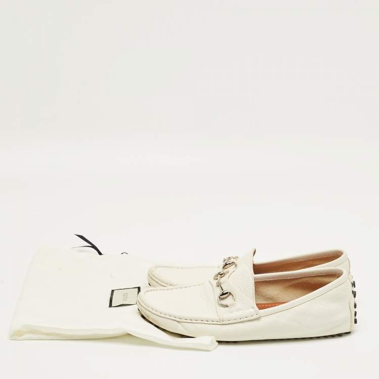Pre Owned Gucci White Leather Horsebit Slip On Loafers Size 42