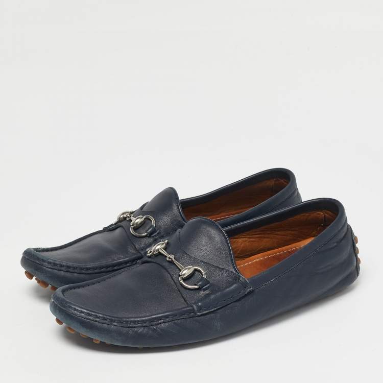 Pre Owned Gucci Navy Blue Leather Horsebit Slip On Loafers Size 42