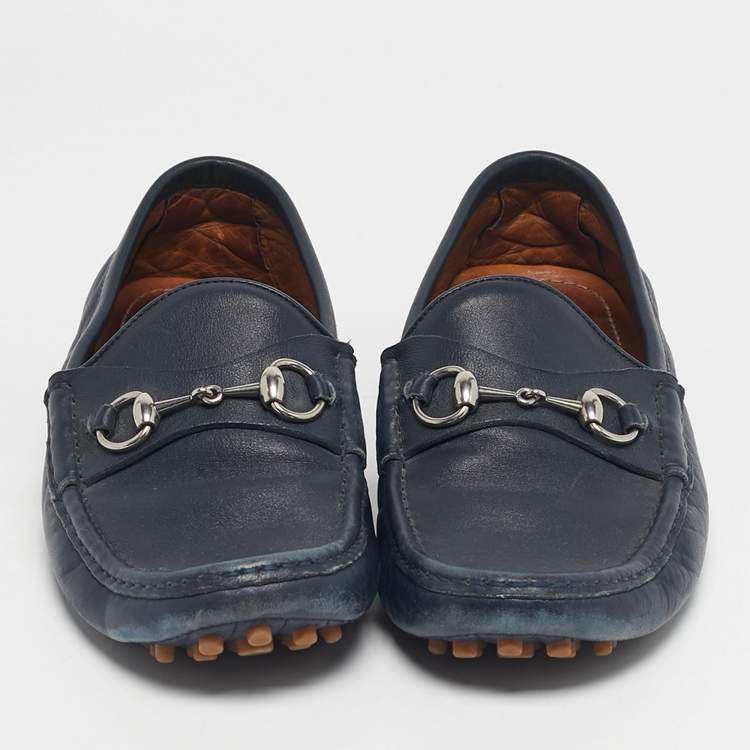 Pre Owned Gucci Navy Blue Leather Horsebit Slip On Loafers Size 42