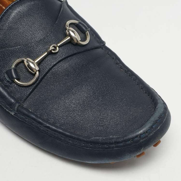 Pre Owned Gucci Navy Blue Leather Horsebit Slip On Loafers Size 42
