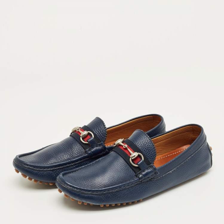 Pre Owned Gucci Navy Blue Leather Web Horsebit Loafers Size 42