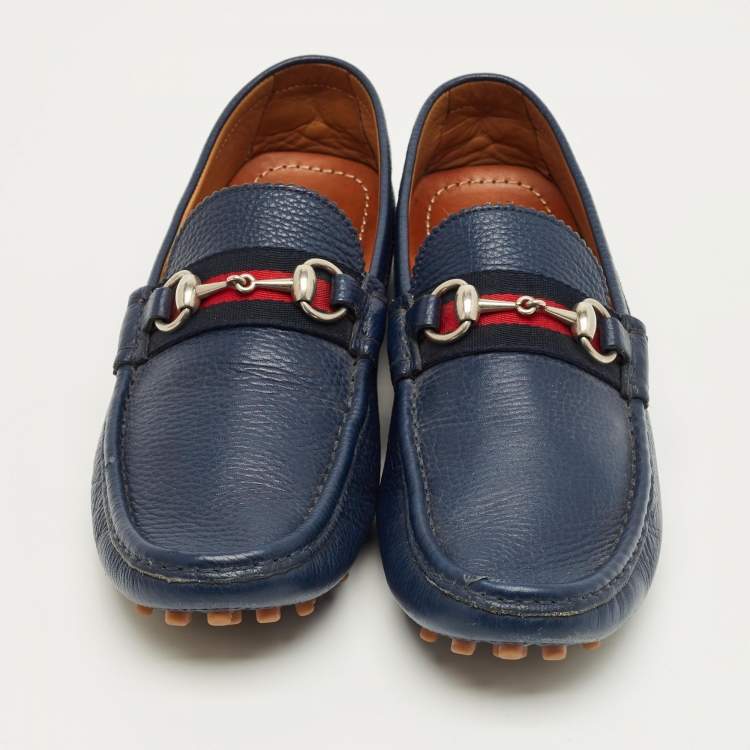Pre Owned Gucci Navy Blue Leather Web Horsebit Loafers Size 42