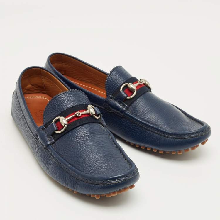 Pre Owned Gucci Navy Blue Leather Web Horsebit Loafers Size 42