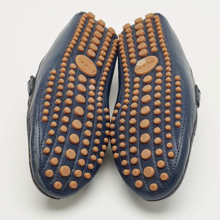 Pre Owned Gucci Navy Blue Leather Web Horsebit Loafers Size 42