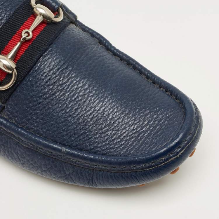 Pre Owned Gucci Navy Blue Leather Web Horsebit Loafers Size 42