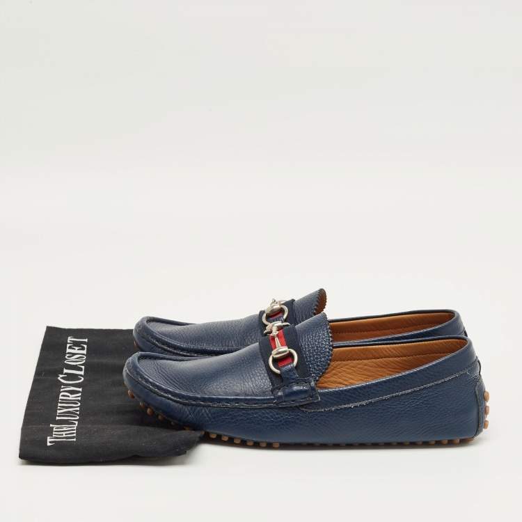 Pre Owned Gucci Navy Blue Leather Web Horsebit Loafers Size 42