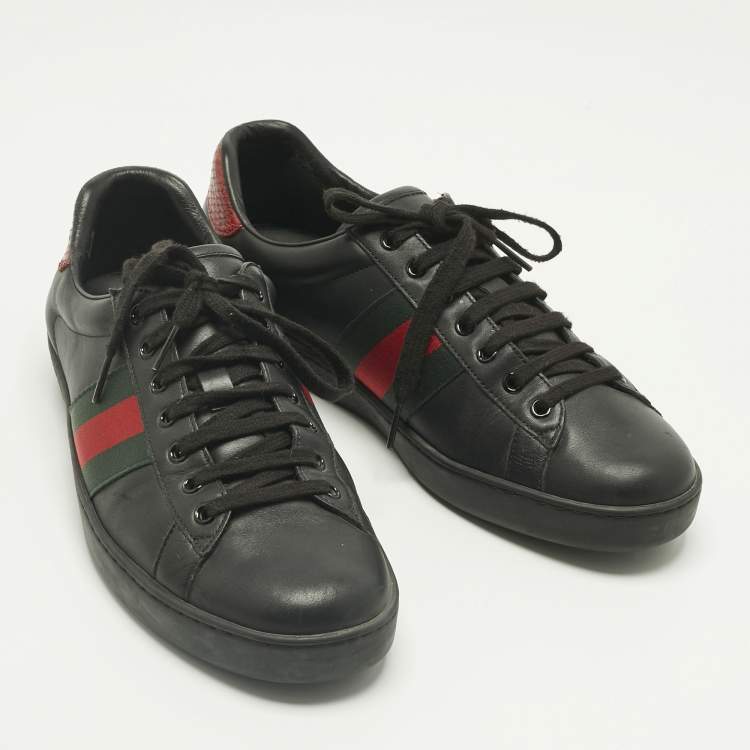 Pre Owned Gucci Black Leather Ace Web Lace Up Sneakers Size 43.5