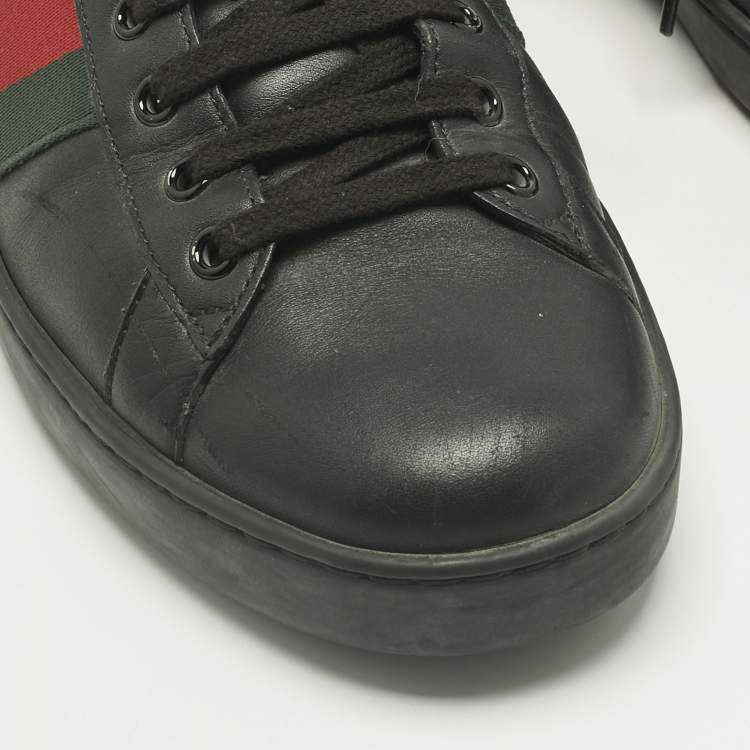 Pre Owned Gucci Black Leather Ace Web Lace Up Sneakers Size 43.5