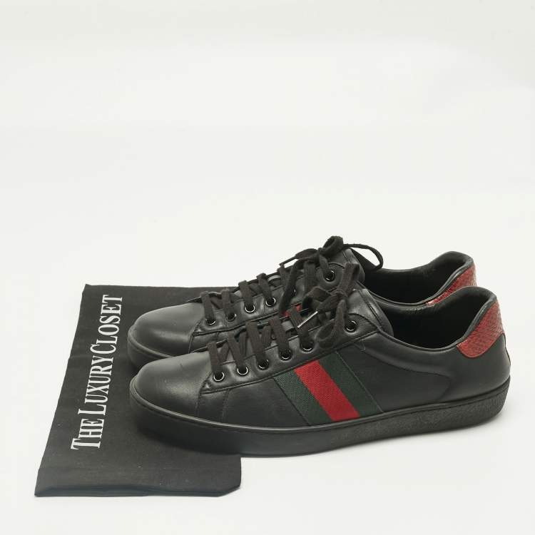 Pre Owned Gucci Black Leather Ace Web Lace Up Sneakers Size 43.5