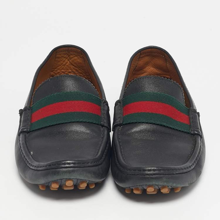 Pre Owned Gucci Black Leather Web Slip On Loafers Size 42