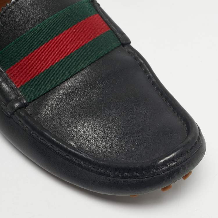 Pre Owned Gucci Black Leather Web Slip On Loafers Size 42