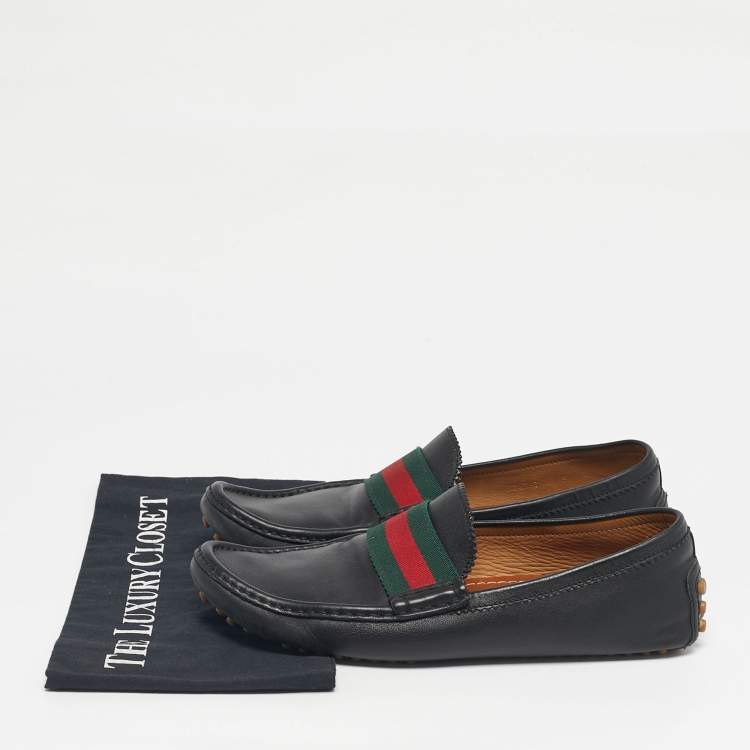Pre Owned Gucci Black Leather Web Slip On Loafers Size 42