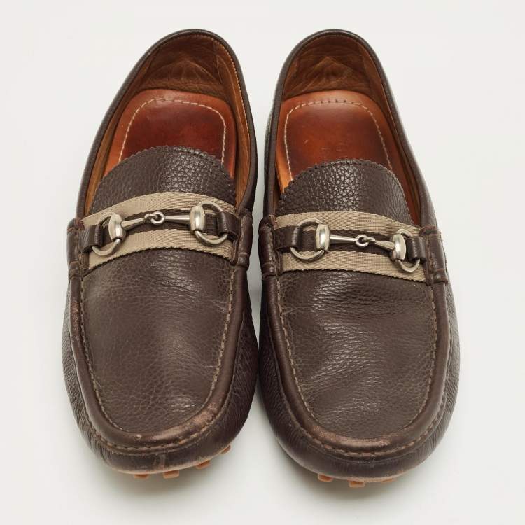 Pre Owned Gucci Dark Brown Leather GG Horsebit Web Detail Slip On Loafers Size 43.5
