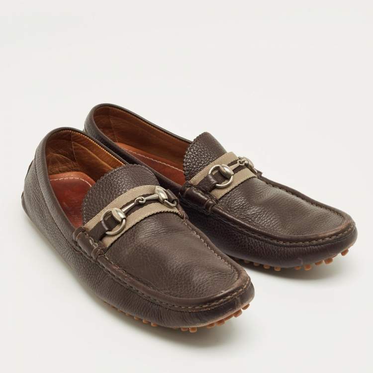 Pre Owned Gucci Dark Brown Leather GG Horsebit Web Detail Slip On Loafers Size 43.5
