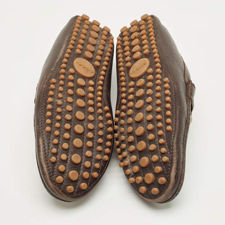Pre Owned Gucci Dark Brown Leather GG Horsebit Web Detail Slip On Loafers Size 43.5