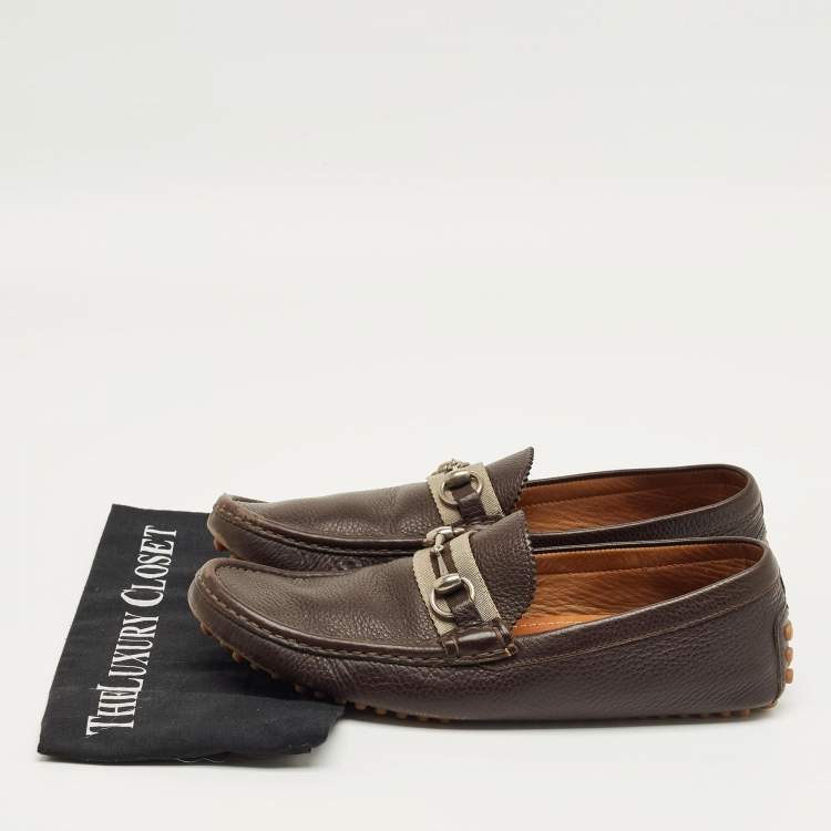 Pre Owned Gucci Dark Brown Leather GG Horsebit Web Detail Slip On Loafers Size 43.5