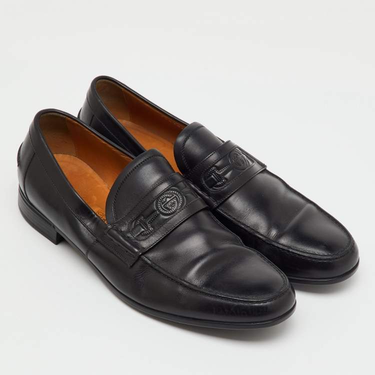 Pre Owned Gucci Black Leather Horsebit Embossed Slip On Loafers Size 40.5