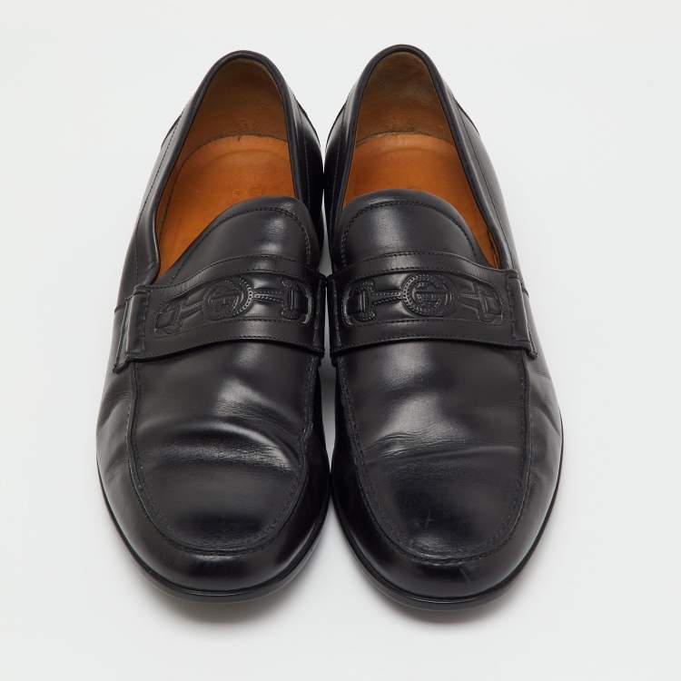Pre Owned Gucci Black Leather Horsebit Embossed Slip On Loafers Size 40.5