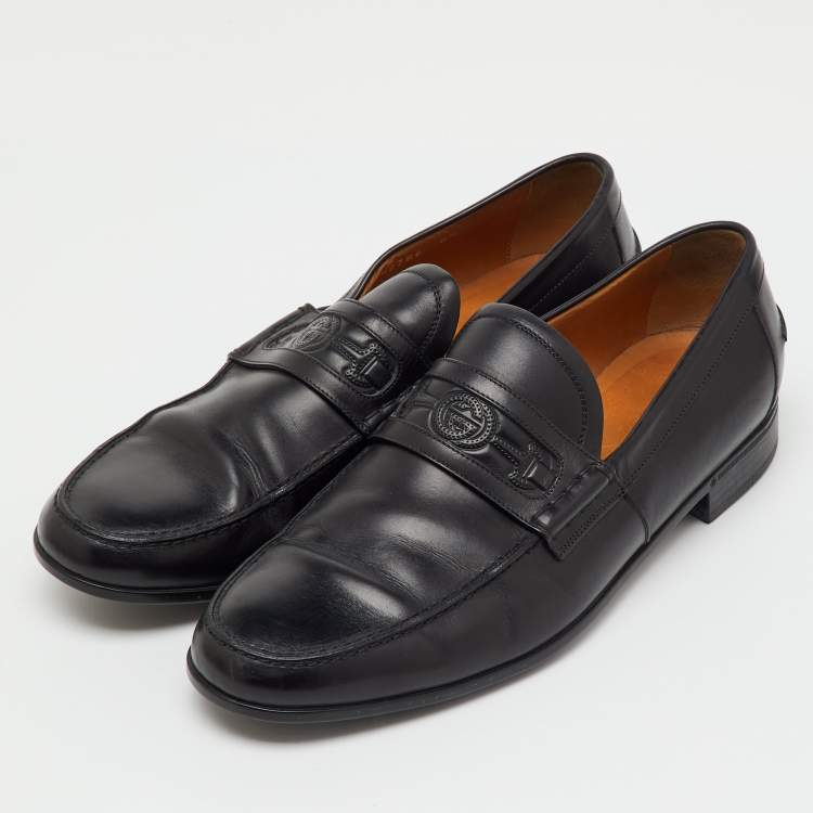Pre Owned Gucci Black Leather Horsebit Embossed Slip On Loafers Size 40.5