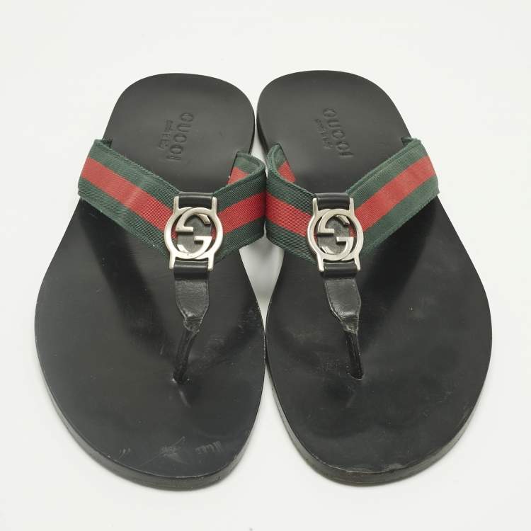 Pre Owned Gucci Tricolor Canvas and Leather Interlocking G Web Thong Flats Size 43