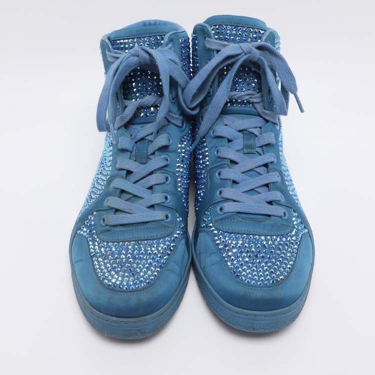 Pre Owned Gucci Blue Satin Crystal Embellished High Top Sneakers Size 43