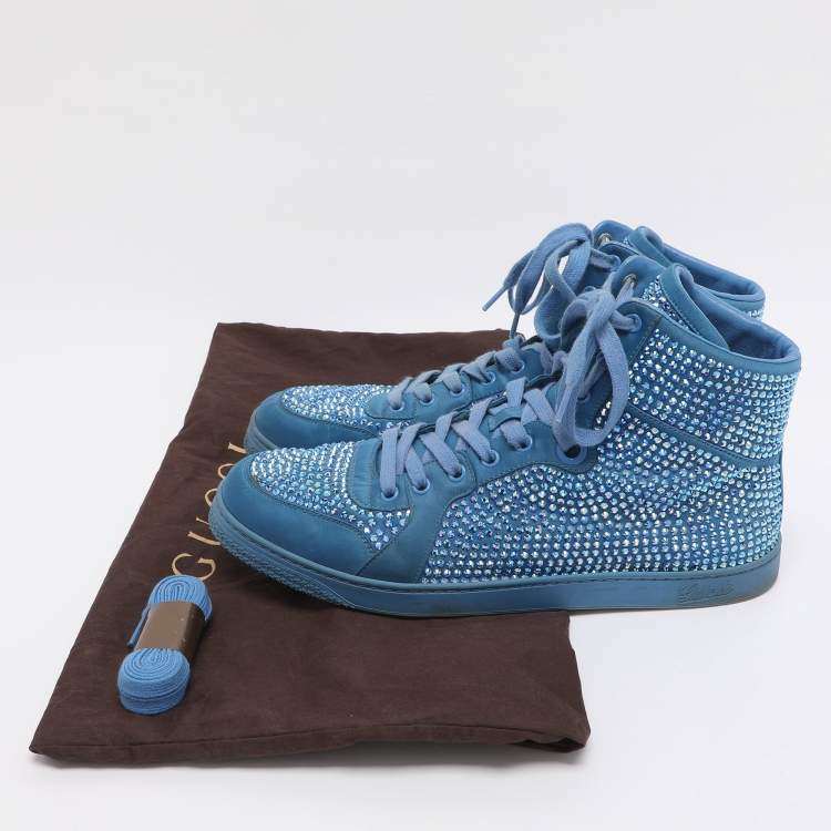 Pre Owned Gucci Blue Satin Crystal Embellished High Top Sneakers Size 43