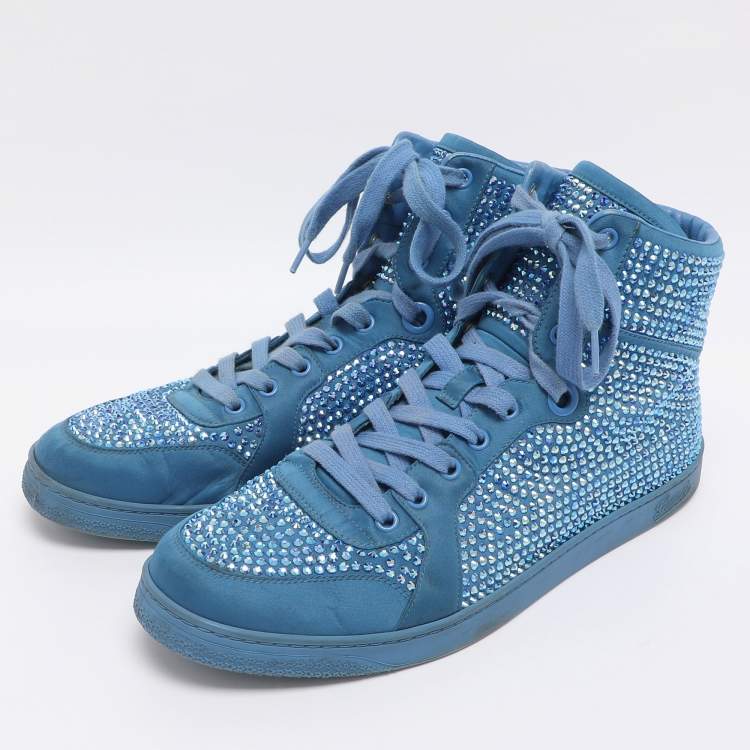 Pre Owned Gucci Blue Satin Crystal Embellished High Top Sneakers Size 43