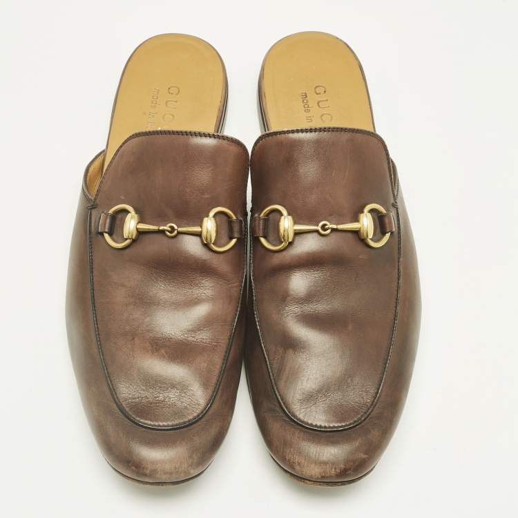 Pre Owned Gucci Brown Leather Horsebit Mules Size 41