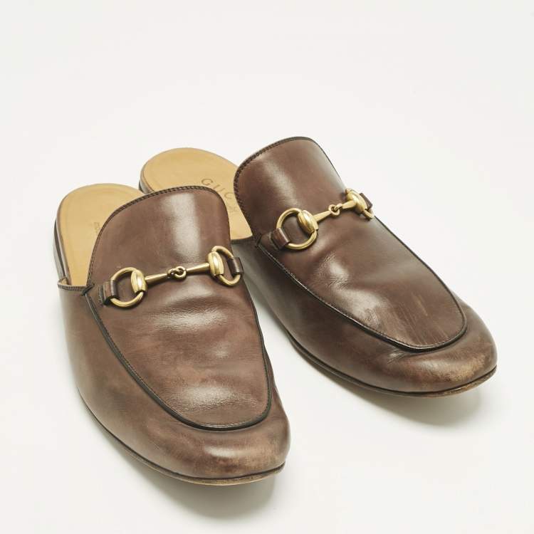 Pre Owned Gucci Brown Leather Horsebit Mules Size 41