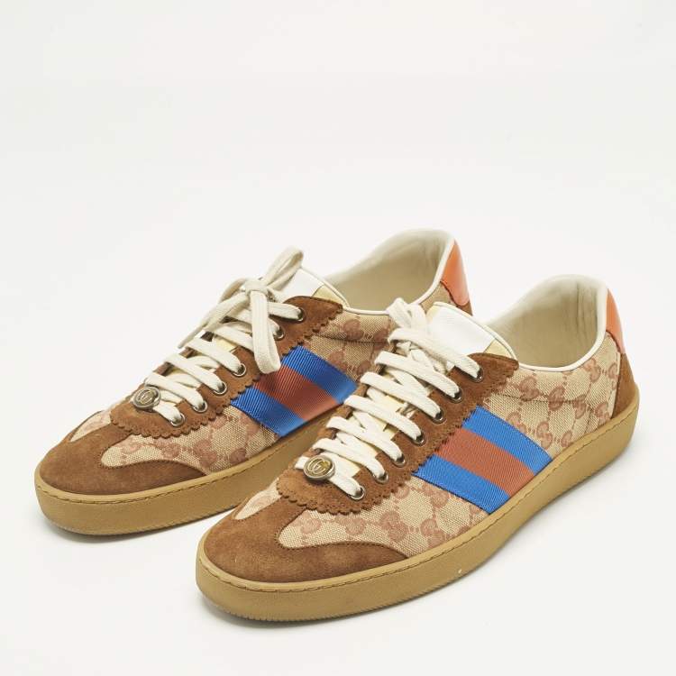 مملوكة مسبقًا Gucci Brown/Beige GG Canvas and Suede G74 Web Low Top Sneakers Size 44