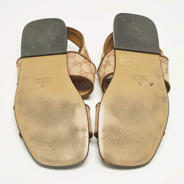 Pre Owned Gucci Beige/Brown GG Canvas and Suede Flat Slingback Sandals Size 43
