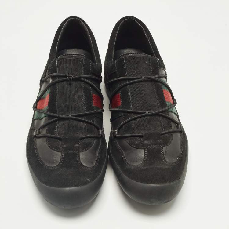 Pre Owned Gucci Black Leather and Suede Elastic Web Vintage Slip On Sneakers Size 42.5