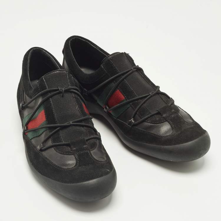 Pre Owned Gucci Black Leather and Suede Elastic Web Vintage Slip On Sneakers Size 42.5