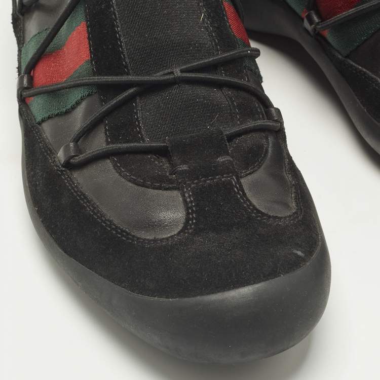 Pre Owned Gucci Black Leather and Suede Elastic Web Vintage Slip On Sneakers Size 42.5