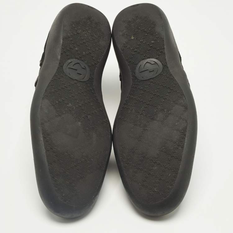 Pre Owned Gucci Black Leather and Suede Elastic Web Vintage Slip On Sneakers Size 42.5