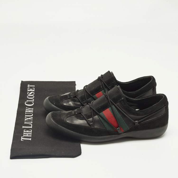 Pre Owned Gucci Black Leather and Suede Elastic Web Vintage Slip On Sneakers Size 42.5