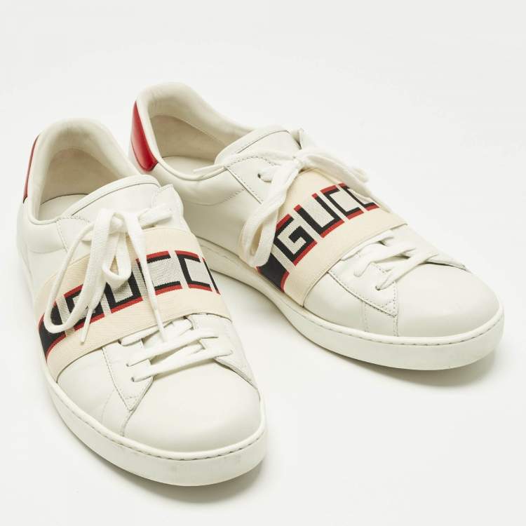 Pre Owned Gucci White Leather New Ace Logo Strap Sneaker Size 44