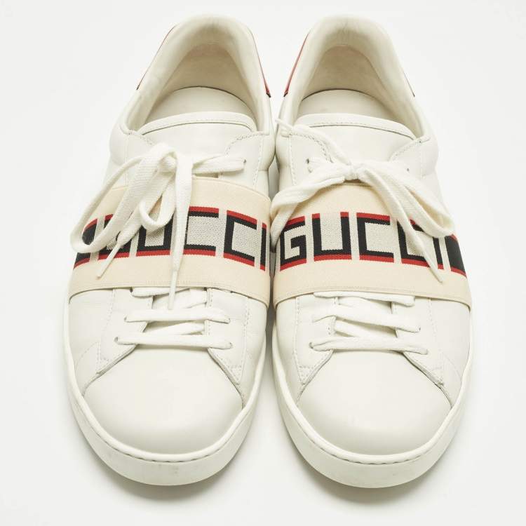 Pre Owned Gucci White Leather New Ace Logo Strap Sneaker Size 44